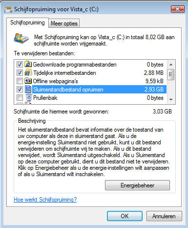 Schermafbeelding: Schijfopruiming - sluimerstand opruimen in Windows Vista
